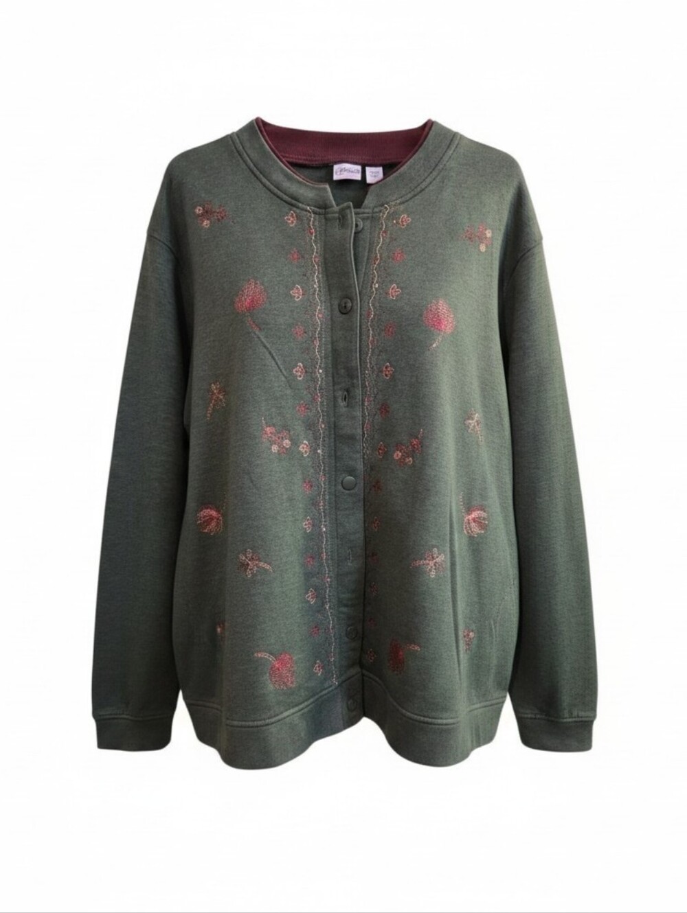 Haband Olive Green Floral Button Down Sweater